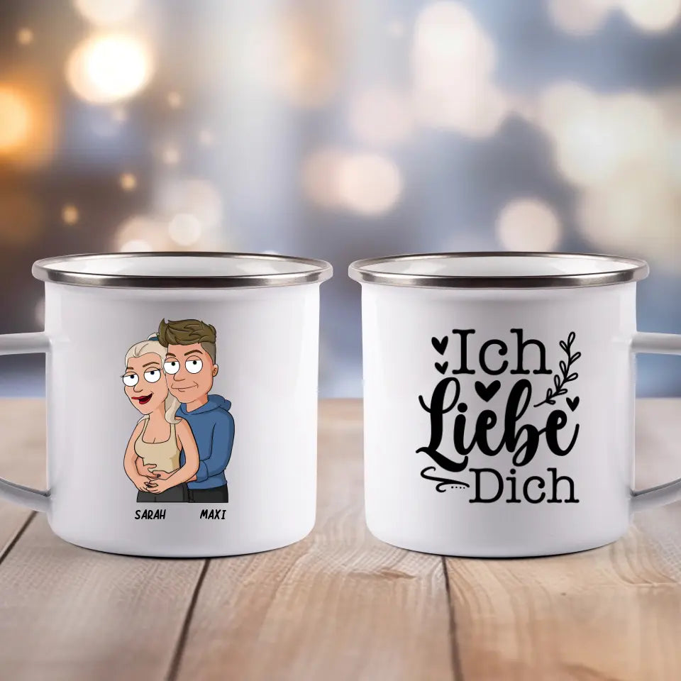 Cartoon Umarmung - Emaille Tasse