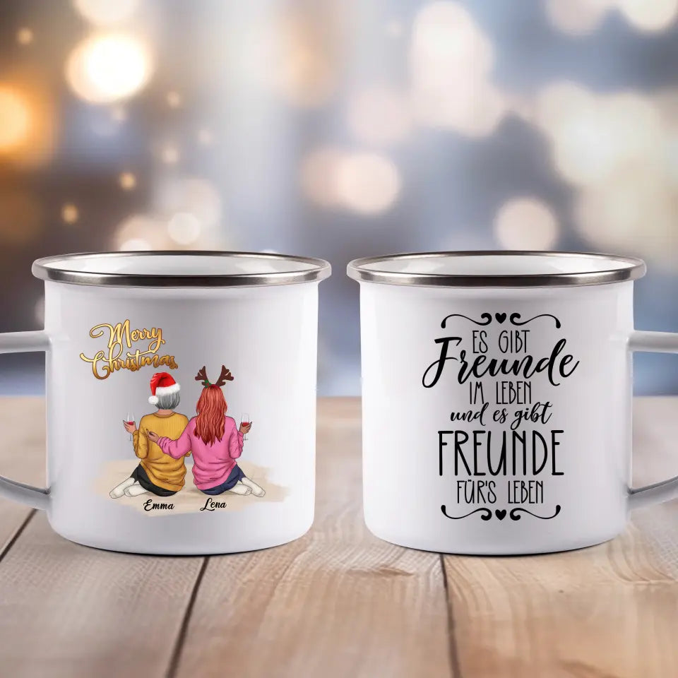 Freundinnen mit Drink Weihnachten - Emaille Tasse