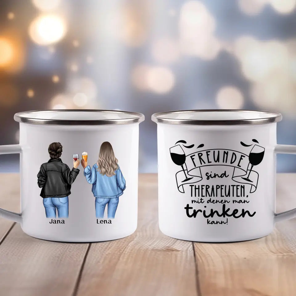 Freundinnen mit Getränk - Emaille Tasse