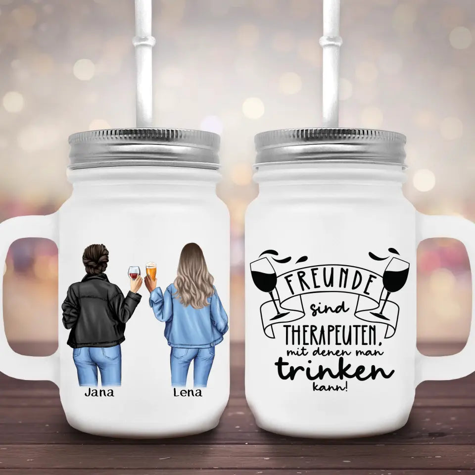 Freundinnen mit Getränk - Marmeladenglas